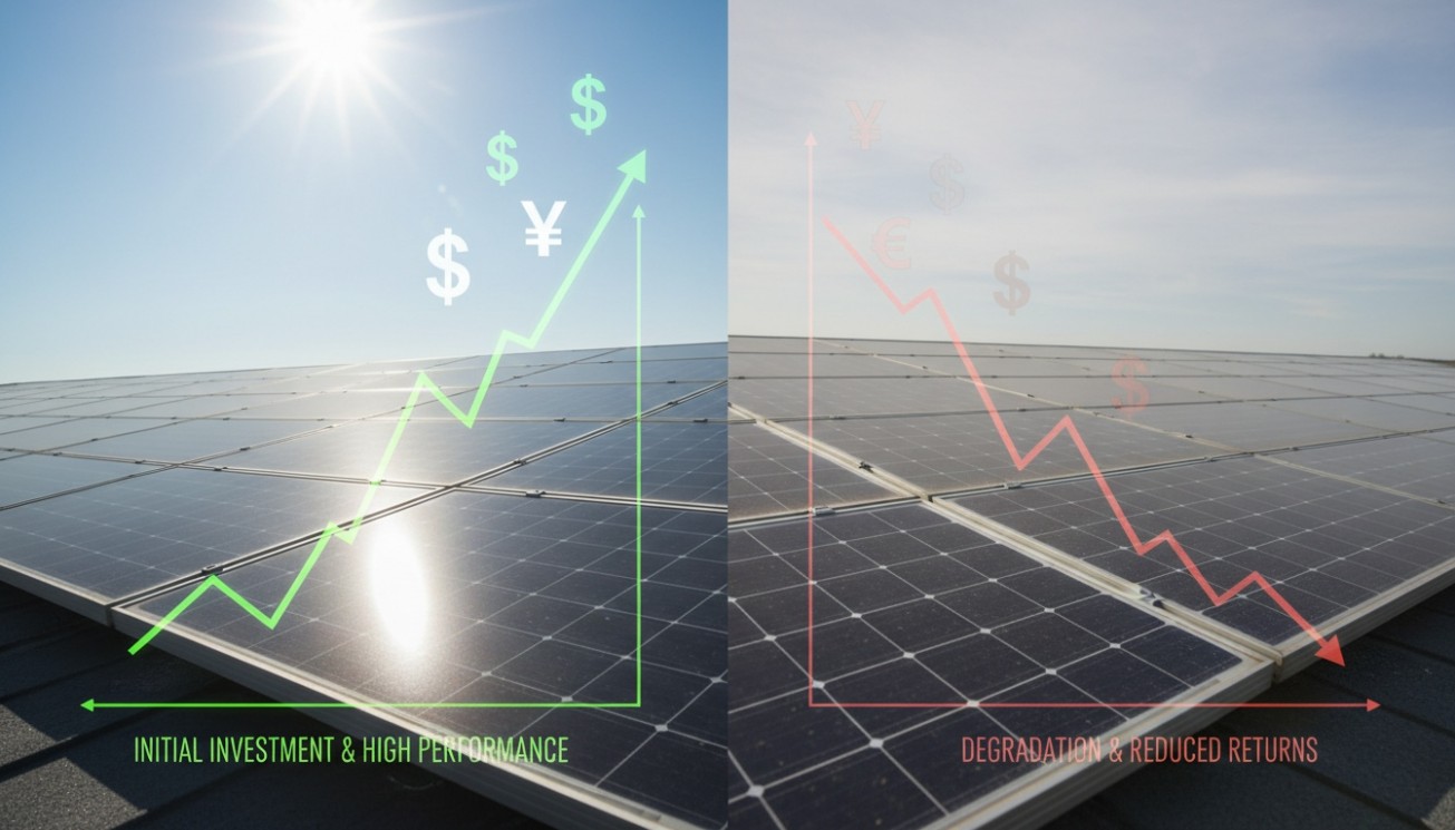 Commercial solar module degradation comparison showing how high performance and reduced output affect long-term ROI